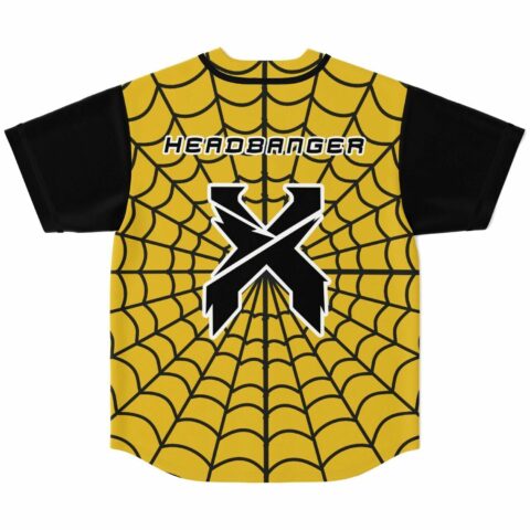Yellow spider web jersey back view with black X headbanger graphic and text