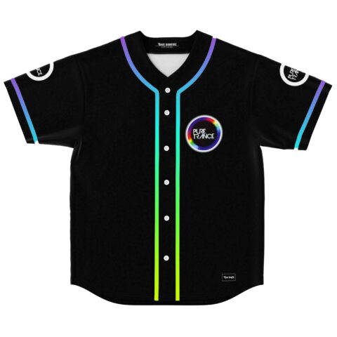 Black rave baseball jersey with neon gradient piping and Pure Trance circle patch on chest