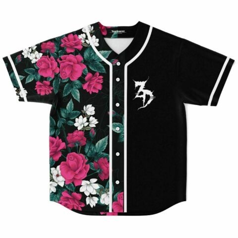 Front view of half rose floral jersey with white trim and abstract white chest graphic