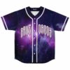 Front view of purple cosmic galaxy pattern jersey with “RAVE DANCE” chest text