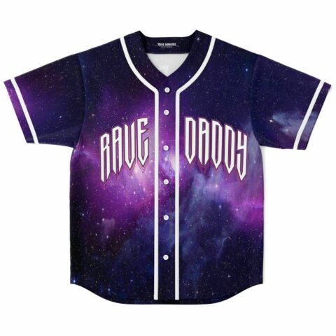Front view of purple cosmic galaxy pattern jersey with “RAVE DANCE” chest text