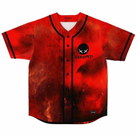 Front view of deep red galaxy pattern with black piping and MODESTEP chest logo