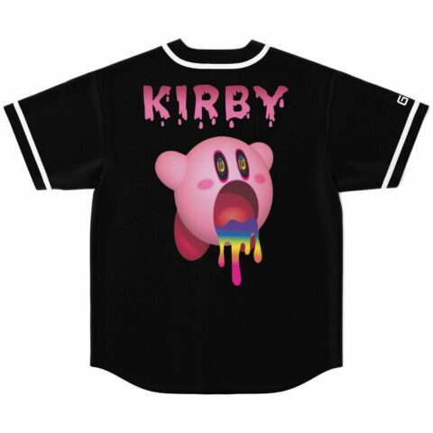 Black jersey back view with dripping pink KIRBY text and a rainbow-dripping cartoon character graphic