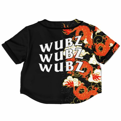 Back view cropped top showing repeated text and dragon theme
