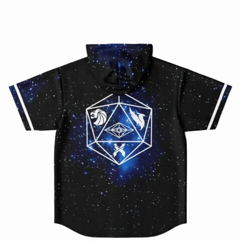 Night-sky galaxy pattern with a bold white geometric emblem on the back, hooded jersey view