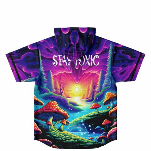 Psychedelic mushroom forest baseball jersey back view with “STAY TOXIC” back print