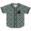 Sage gray monogram baseball jersey front view with repeating LV, A-square motifs and black trim