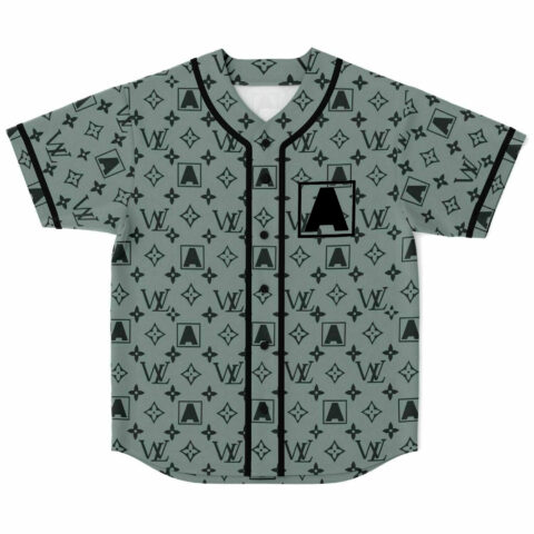 Sage gray monogram baseball jersey front view with repeating LV, A-square motifs and black trim