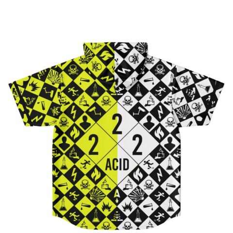 Back view of neon acid hazard checkerboard with 2 2 ACID text and skull motifs
