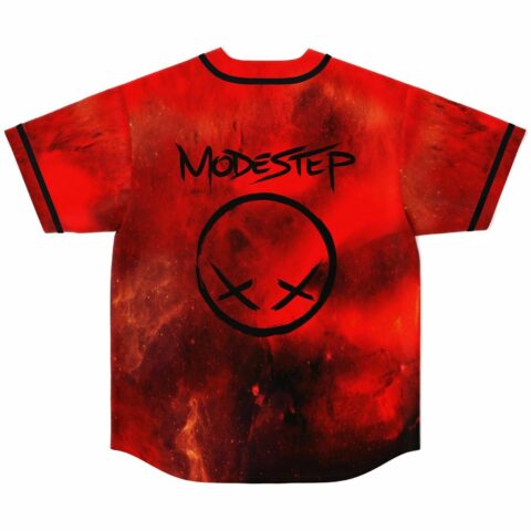 Back view of deep red galaxy pattern featuring MODESTEP text and crossed-eye circle graphic