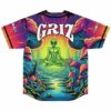 Psychedelic mushroom back design features a meditating alien beneath large GRIZ text, shown flat