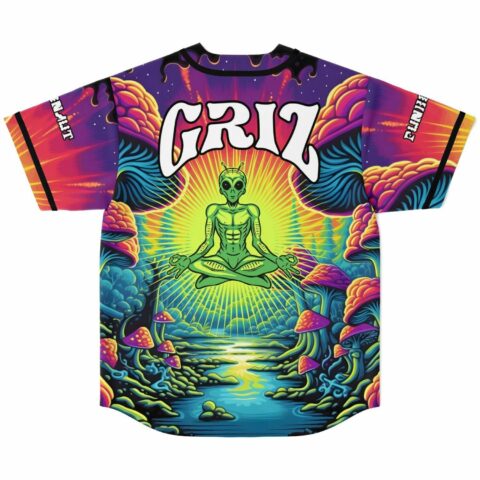 Psychedelic mushroom back design features a meditating alien beneath large GRIZ text, shown flat