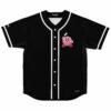 Black jersey front view featuring a pink cartoon character with psychedelic eyes and white trim