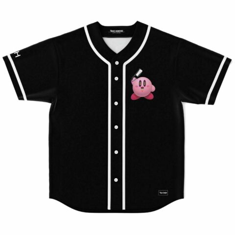 Black jersey front view featuring a pink cartoon character with psychedelic eyes and white trim