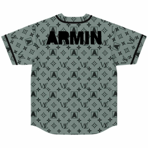 Sage gray monogram baseball jersey back with bold ARMIN text and repeating LV/A motifs