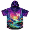 Psychedelic mushroom forest hooded baseball jersey front view with “Don’t Trip” chest text