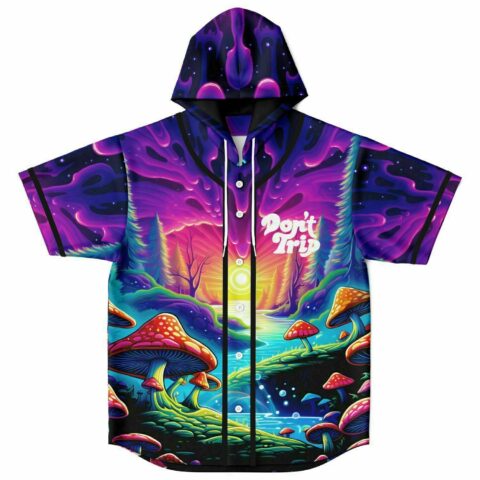 Psychedelic mushroom forest hooded baseball jersey front view with “Don’t Trip” chest text