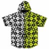 Front view of neon acid hazard checkerboard hooded jersey with skulls, flames, beakers, and lightning
