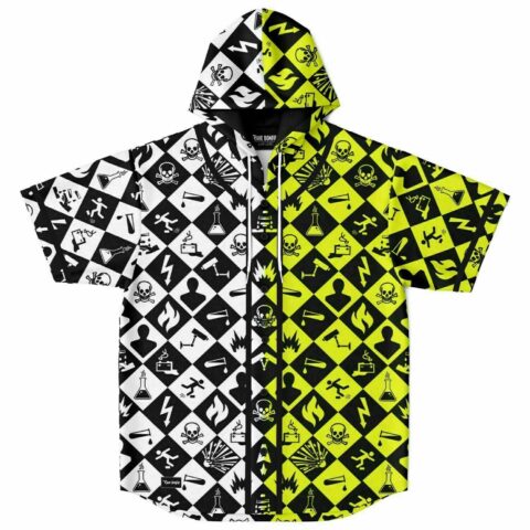 Front view of neon acid hazard checkerboard hooded jersey with skulls, flames, beakers, and lightning