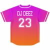 Magenta-to-orange gradient jersey back featuring DJ DEEZ text and outlined number 23