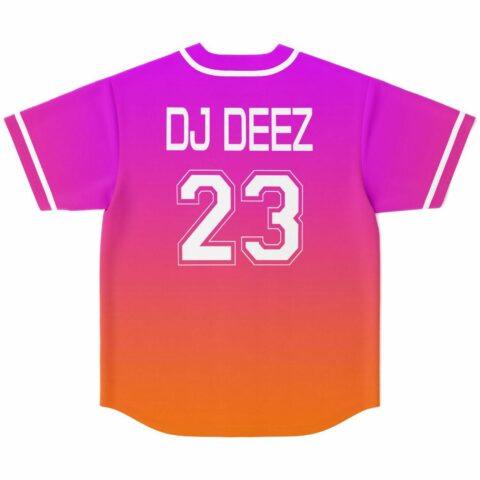 Magenta-to-orange gradient jersey back featuring DJ DEEZ text and outlined number 23