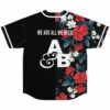 Dark floral back with split panels, “WE ARE ALL WE NEED” text and AB emblem