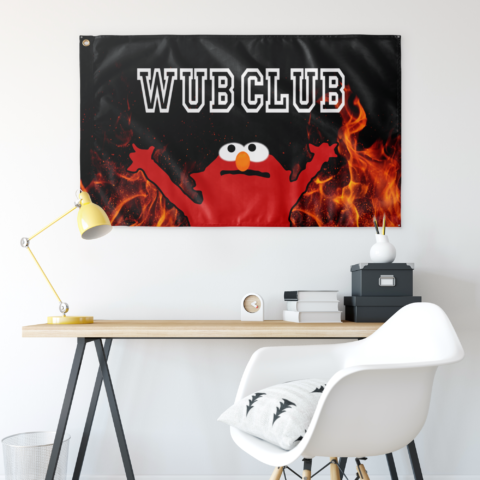 Black-and-red cartoon-style “WUB CLUB” flag with red furry character above a desk