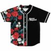 Dark floral front: red roses, white blossoms, blue leaves, and “Above & Beyond” chest logo