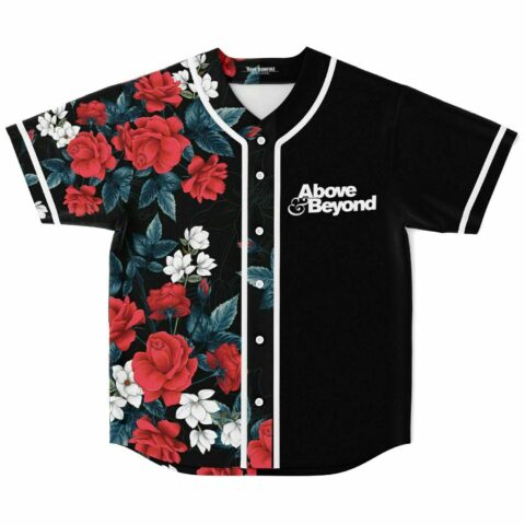 Dark floral front: red roses, white blossoms, blue leaves, and “Above & Beyond” chest logo