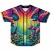 Psychedelic mushroom front design shows a glowing forest path, button placket, and colorful mushroom clusters