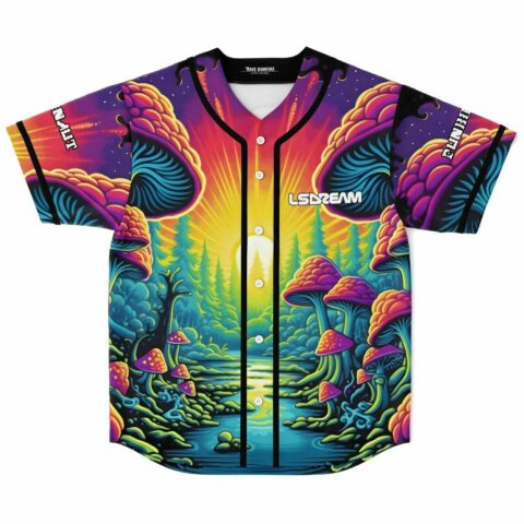 Psychedelic mushroom front design shows a glowing forest path, button placket, and colorful mushroom clusters