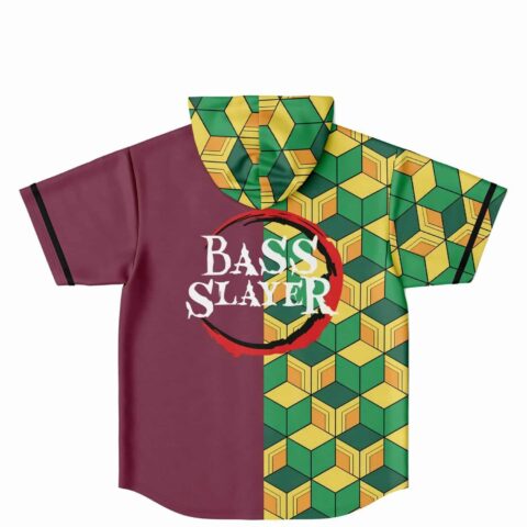 Back view shows green-yellow cube pattern beside burgundy panel with readable "BASS SLAYER" print