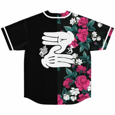 Back view of half floral black jersey with white hand graphic and “Feds Dead” text