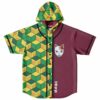 Green-yellow cube pattern splits burgundy front with a cat mask chest graphic
