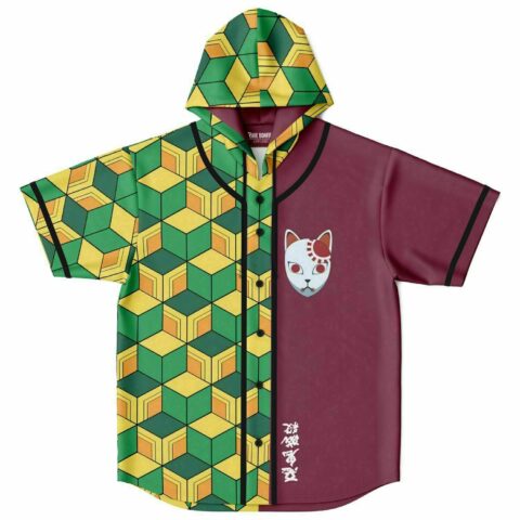 Green-yellow cube pattern splits burgundy front with a cat mask chest graphic