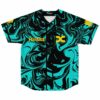 Front view of teal and black liquid marble rave baseball jersey with yellow Hardwell logo