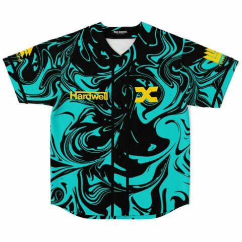 Front view of teal and black liquid marble rave baseball jersey with yellow Hardwell logo
