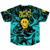 Back view of jersey showing dripping melted smiley face and acid text on swirl print