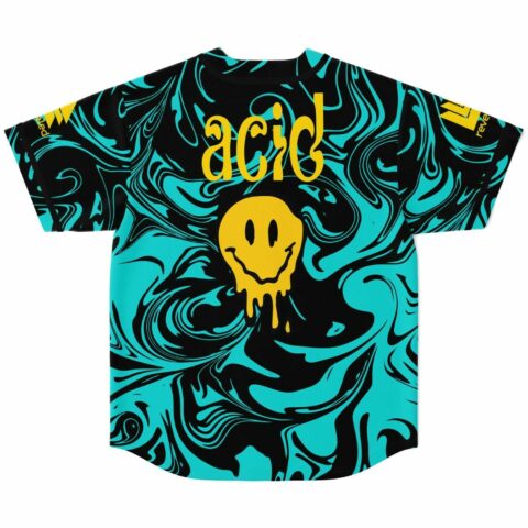 Back view of jersey showing dripping melted smiley face and acid text on swirl print