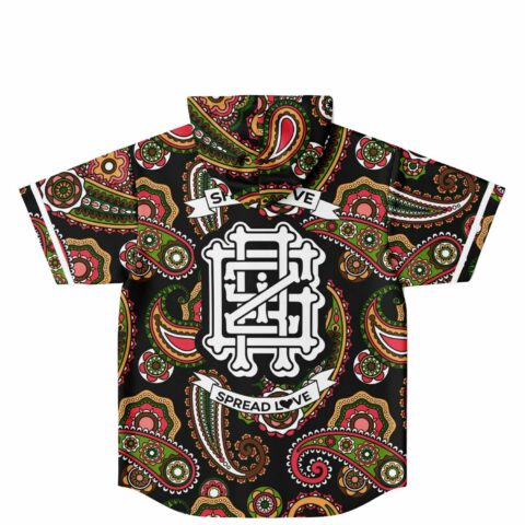 Black paisley pattern jersey showing large back emblem and “SPREAD LOVE” banner, back view
