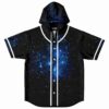 Night-sky galaxy pattern on a black jersey with blue nebulae and white trim, front view