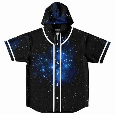 Night-sky galaxy pattern on a black jersey with blue nebulae and white trim, front view