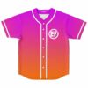Magenta-to-orange gradient baseball jersey front with white EF chest logo and striped trim