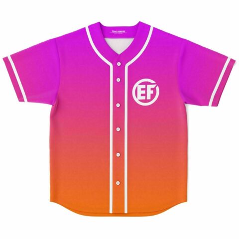 Magenta-to-orange gradient baseball jersey front with white EF chest logo and striped trim