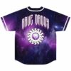 Back view of purple cosmic galaxy pattern jersey with “RAVE DANCE” and circular sun logo