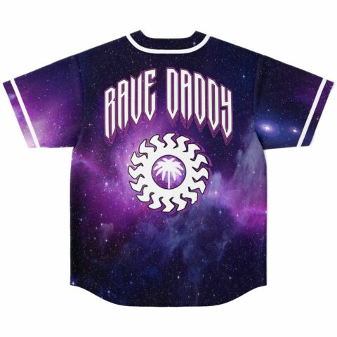 Back view of purple cosmic galaxy pattern jersey with “RAVE DANCE” and circular sun logo