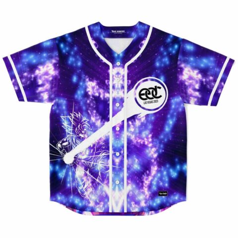 Galaxy-inspired anime jersey, muscular warrior, white trim, and “EDC LAS VEGAS 2023” chest logo