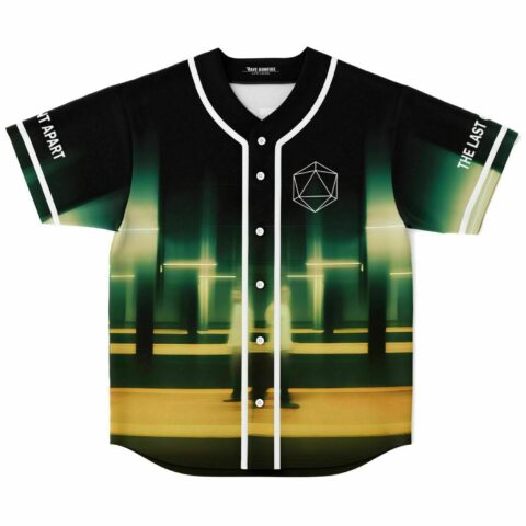 Green-and-gold blurry corridor jersey front view with geometric emblem and IT APART sleeve text