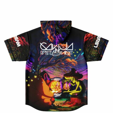 Surreal mushroom scene with glowing geometric orbs and “LSDREAM WHITE NIGHT” back print, flat lay