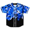 Blue black low poly geometric jersey with white piping and winged chest emblem, front view